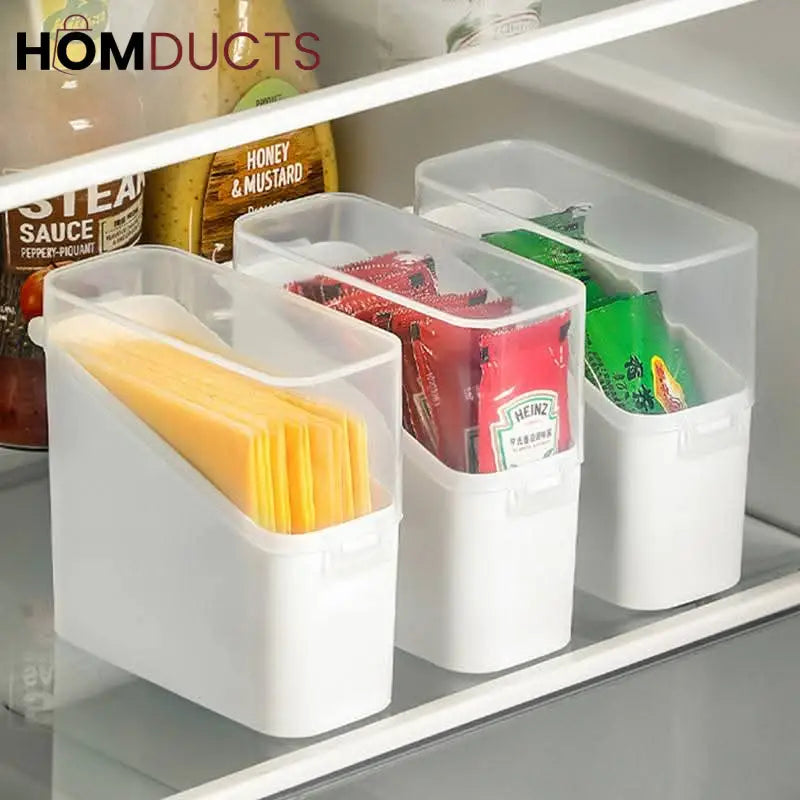 Fridge Organizer Bins with Lids – Stackable Storage Containers for Cheese, Sauce Packets & Snacks