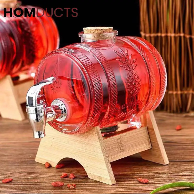 Glass Barrel Beverage Dispenser with Wooden Stand and Tap – Pineapple Embossed Drink Server