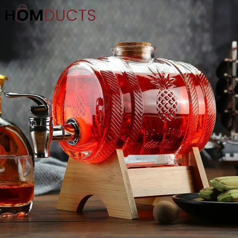Glass Barrel Beverage Dispenser with Wooden Stand and Tap – Pineapple Embossed Drink Server