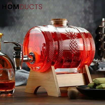 Glass Barrel Beverage Dispenser with Wooden Stand and Tap – Pineapple Embossed Drink Server