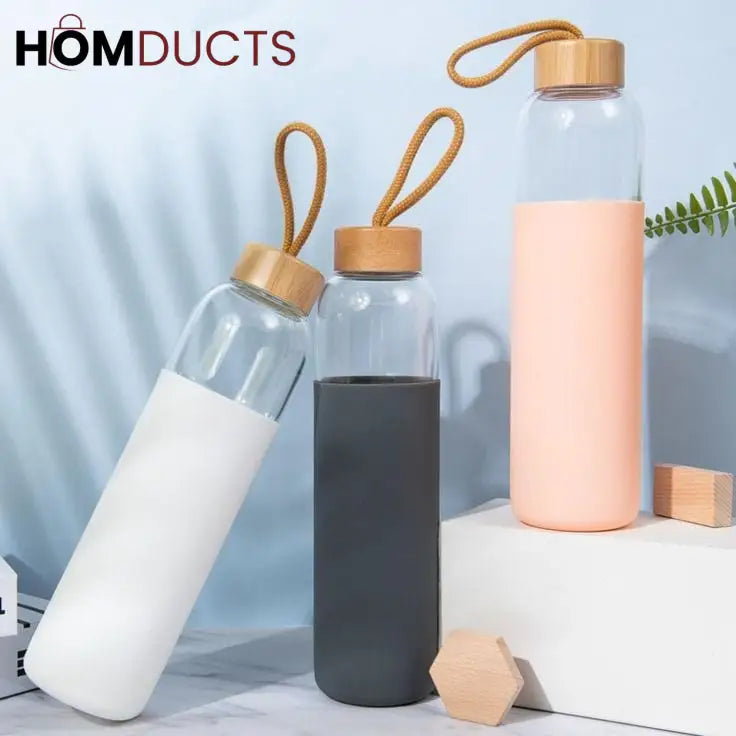 Glass Water Bottle with Silicone Cover - Portable & Anti-Scald