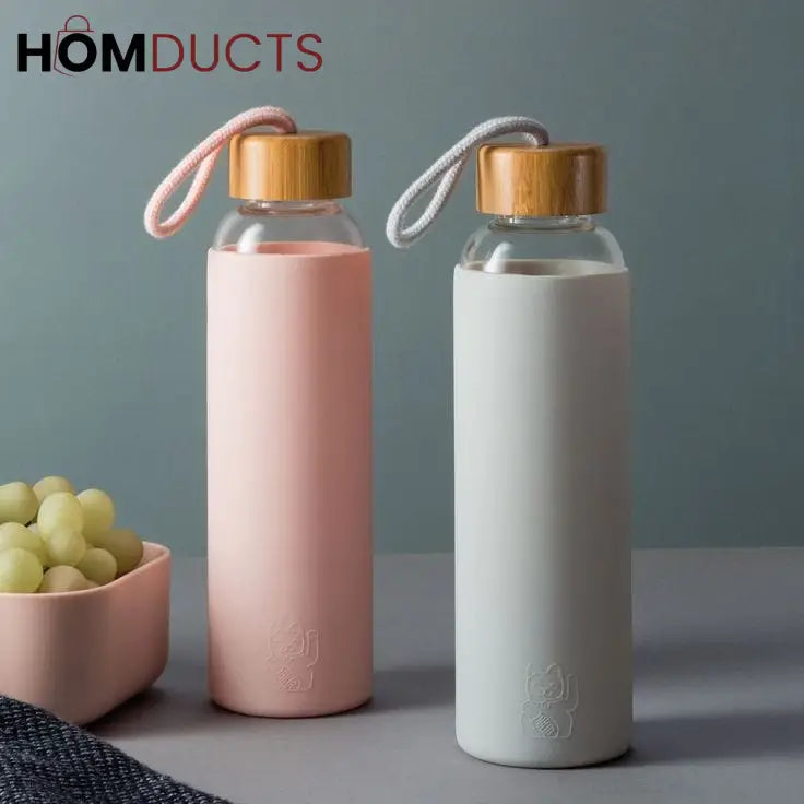 Glass Water Bottle with Silicone Cover - Portable & Anti-Scald