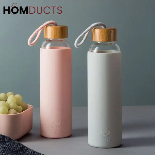 Glass Water Bottle with Silicone Cover - Portable & Anti-Scald