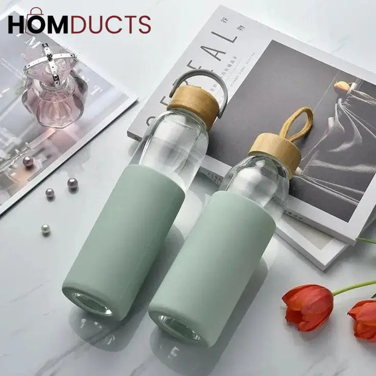 Glass Water Bottle with Silicone Cover - Portable & Anti-Scald