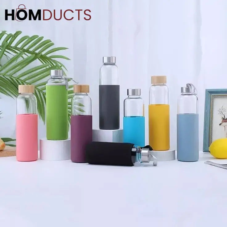 Glass Water Bottle with Silicone Cover - Portable & Anti-Scald