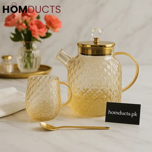 Golden Luxe Diamond Glass Tea Set – 13 Piece (1 Kettle, 6 Glasses & 6 Spoons