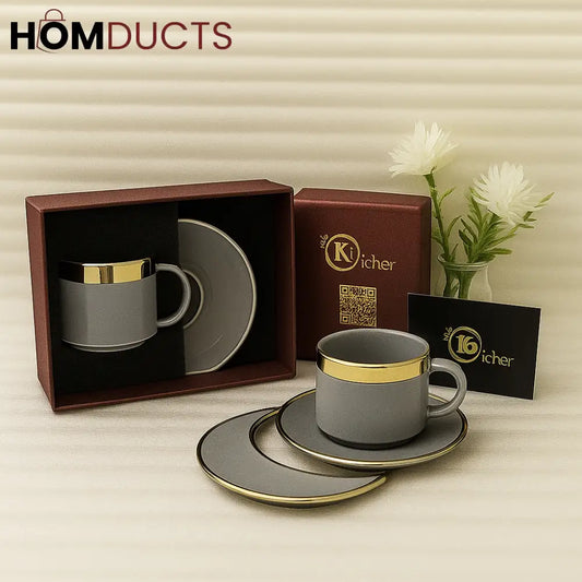 Grey Porcelain Tea Cup & Saucer Gift Set – Gold Rimmed Luxury Drinkware