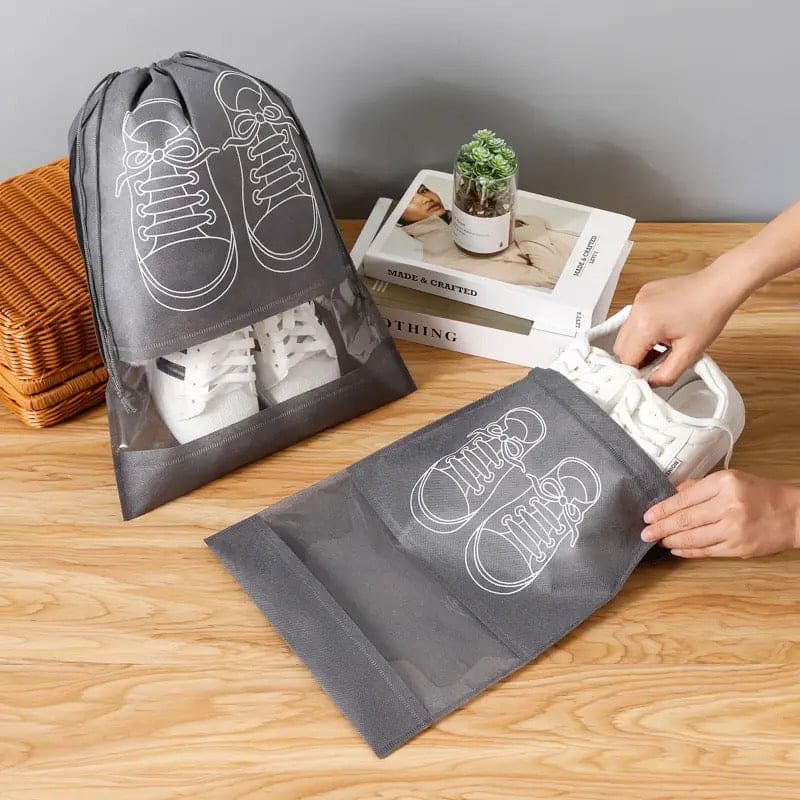 Premium Travel Shoe Pouch Grey Non Woven Fabric, Dustproof Drawstring Shoe Organizer with Visual Window