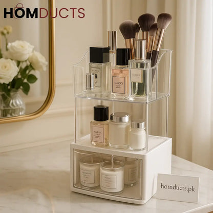 Luxury 2-Tier Acrylic Makeup & Skincare Organizer with Drawer – Space-Saving Cosmetic Storage