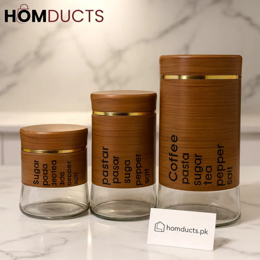 Luxury 3-Piece Glass Storage Jar Set with Wooden Lids – Coffee, Sugar & Tea Containers