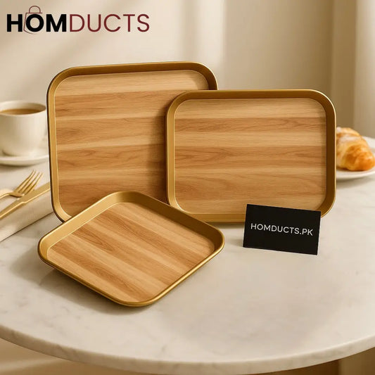 Luxury 3-Piece Wooden Finish Fiber Tray Set – Golden Rim