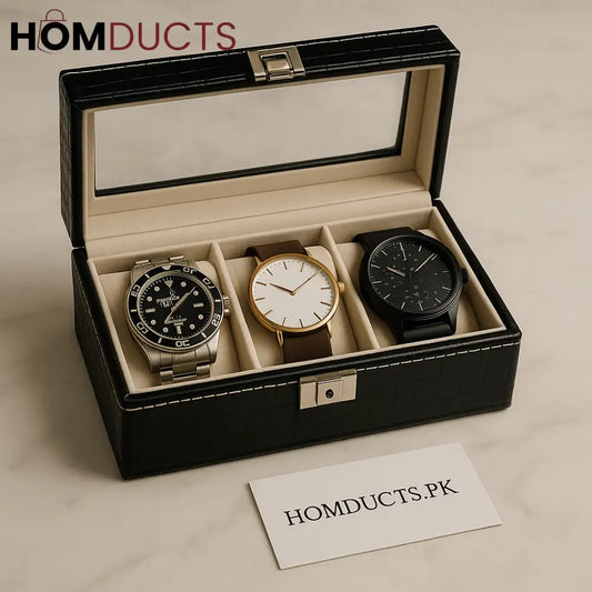 Luxury 3-Slot Black Leather Watch Organizer Box with Glass Lid – Premium Display Case