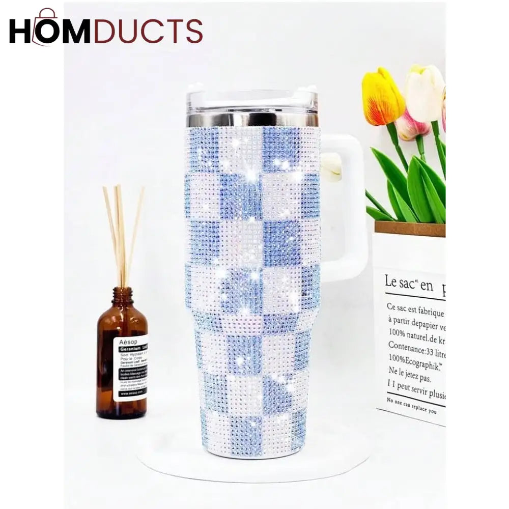 Luxury 40oz 1200ml Rhinestone Tumbler - Sparkling Checkered White and Blue Drinkware