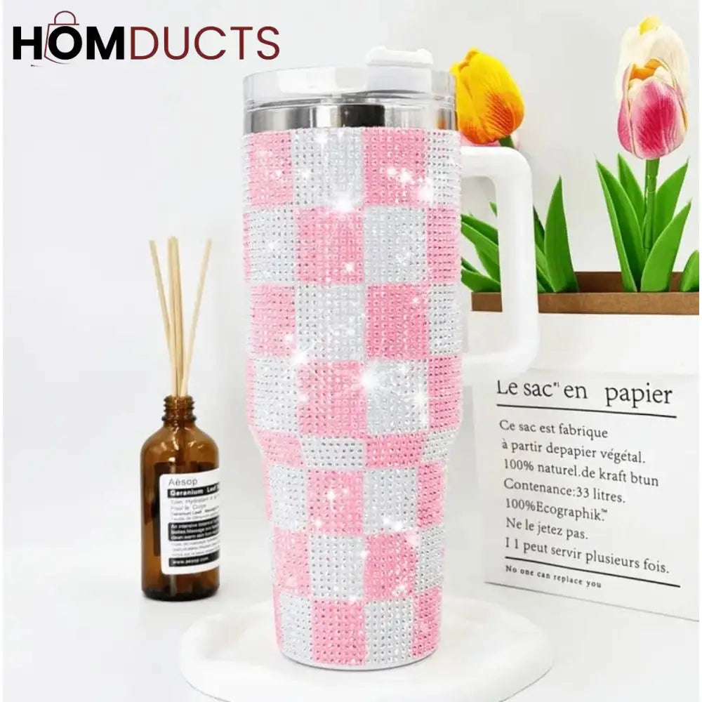 Luxury 40oz 1200ml Rhinestone Tumbler - Sparkling Checkered White and Blue Drinkware