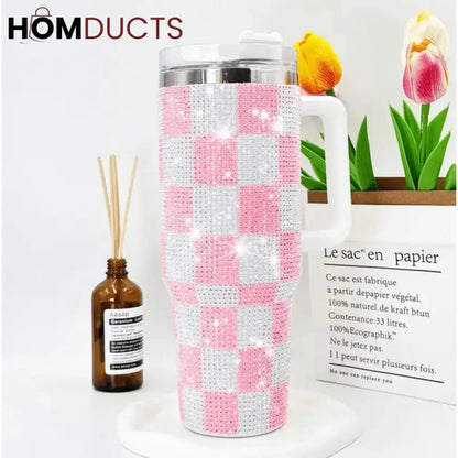 Luxury 40oz 1200ml Rhinestone Tumbler - Sparkling Checkered White and Blue Drinkware