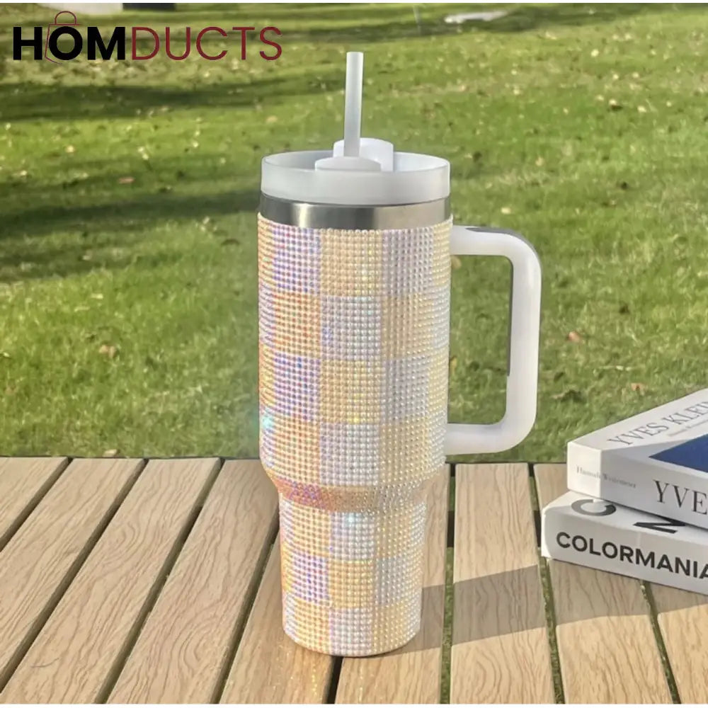 Luxury 40oz 1200ml Rhinestone Tumbler - Sparkling Checkered White and Blue Drinkware