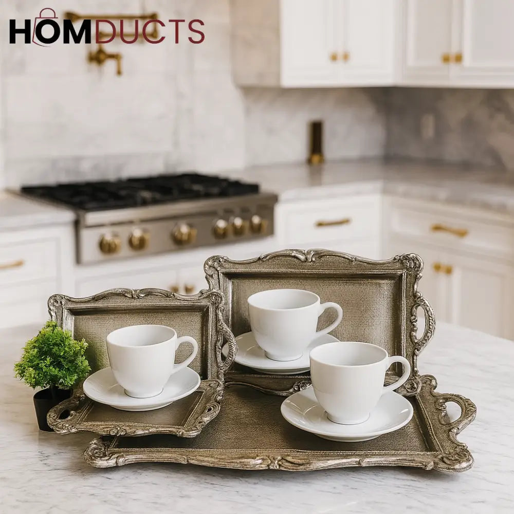 Luxury Antique Silver Serving Tray Set – 3-Piece Decorative Kitchen Platters