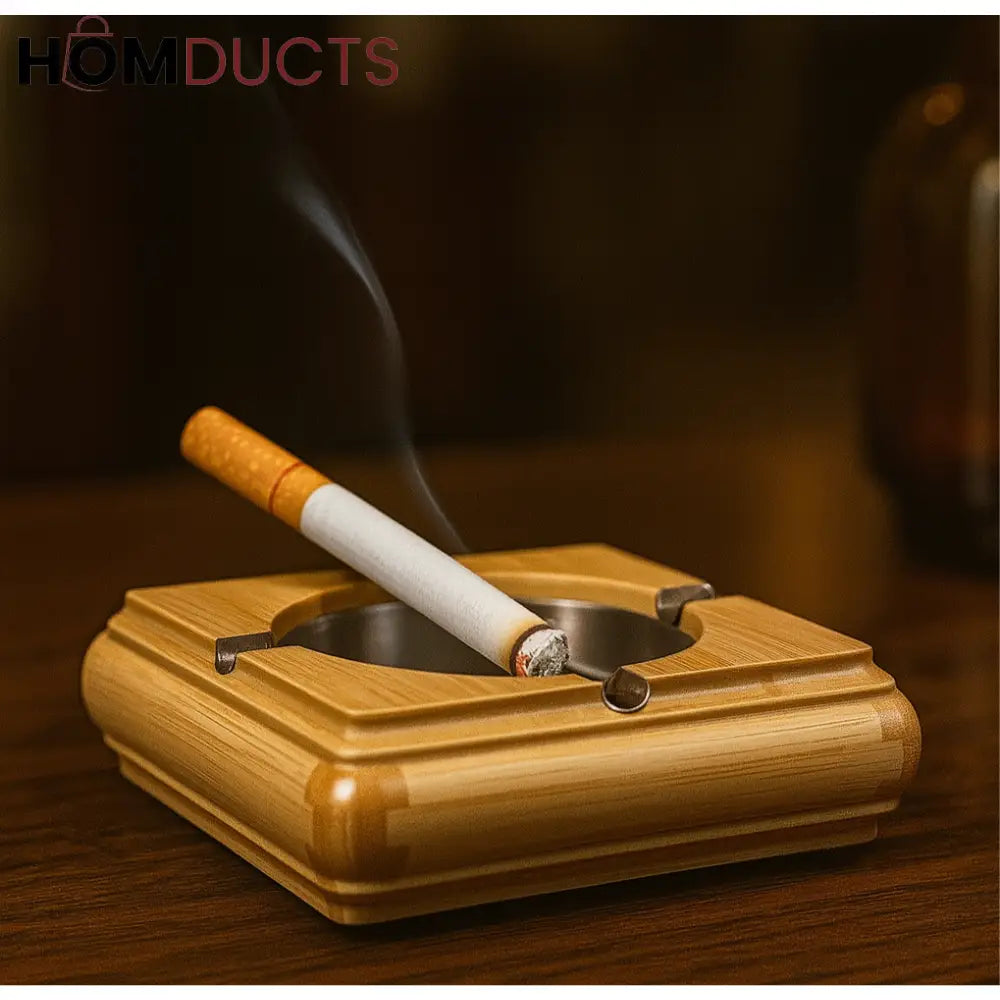 Luxury Bamboo & Stainless Steel Ashtray – Elegant Wooden Ash Tray for Home, Office, or Lounge