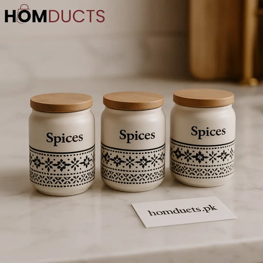 Luxury Ceramic Spice Jar Set – 3-Piece With Airtight Wooden Lids