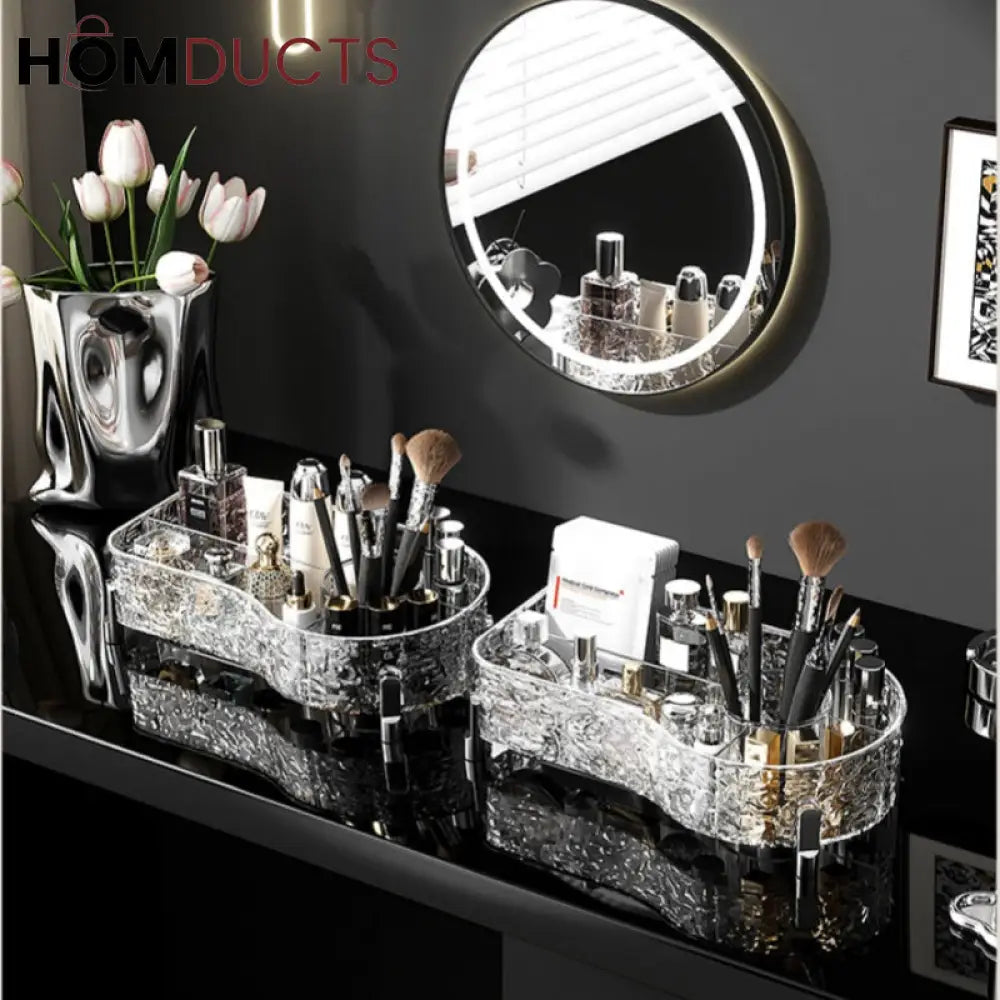 Luxury Crystal Clear Makeup Organizer with Compartments for Brushes, Perfume, and Skincare Products