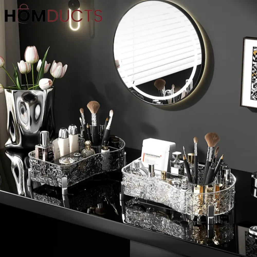 Luxury Crystal Clear Makeup Organizer with Compartments for Brushes, Perfume, and Skincare Products