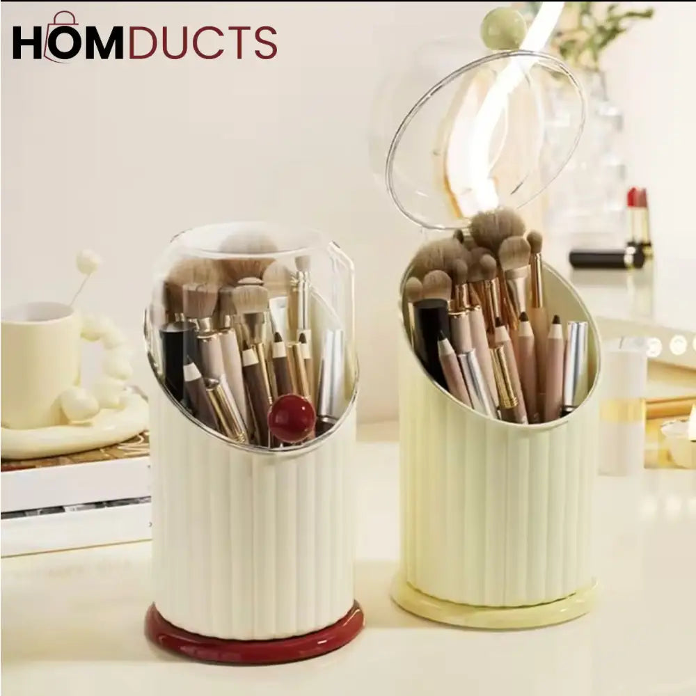 Luxury Dome-Lid Makeup Brush Organizer Set – Ribbed Vanity Storage with Gold Accents