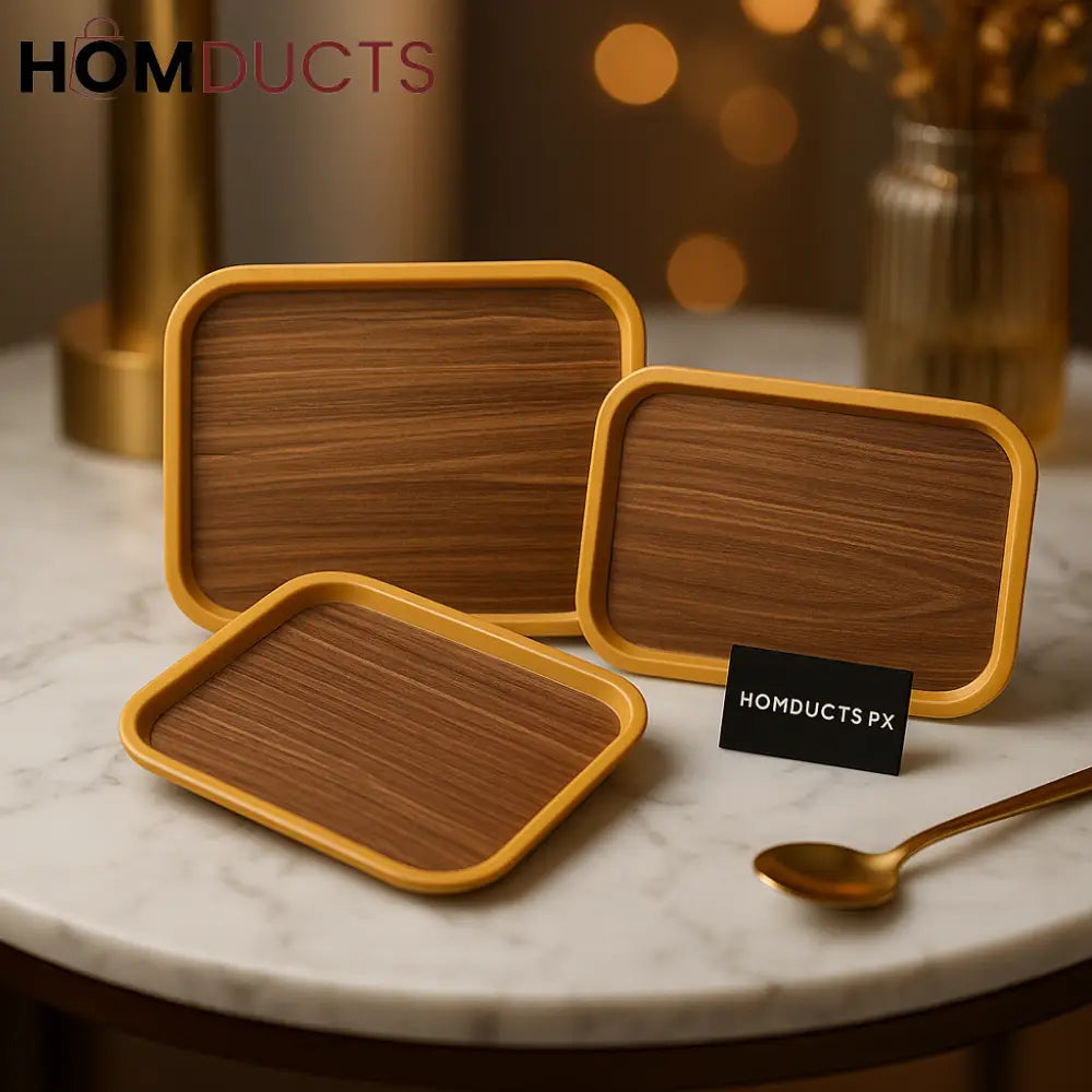 Luxury Fiber Serving Trays – 3-Piece Rectangular Set with Golden Borders