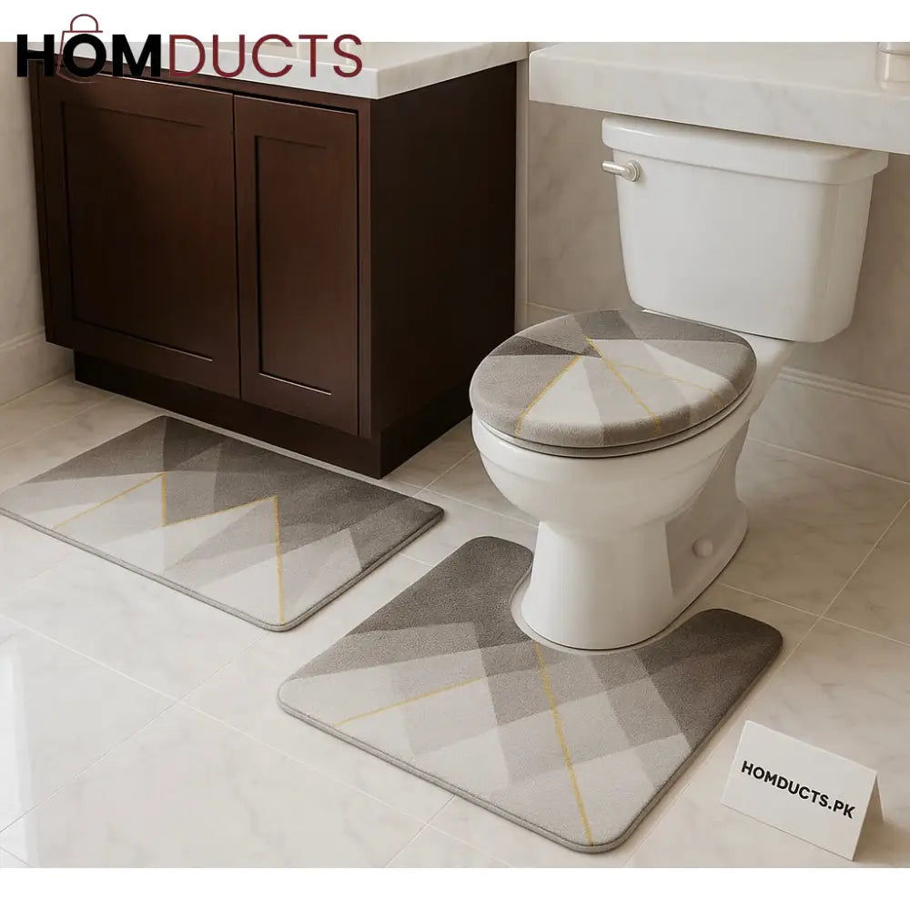 Luxury Geometric 3-Piece Bathroom Mat Set – Non-Slip, Ultra-Soft & Quick-Dry