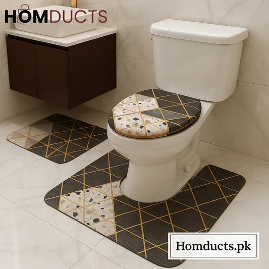 Luxury Geometric Bathroom Mat & Toilet Cover Set – Premium Anti-Slip, Water-Absorbent, 3-Piece Set