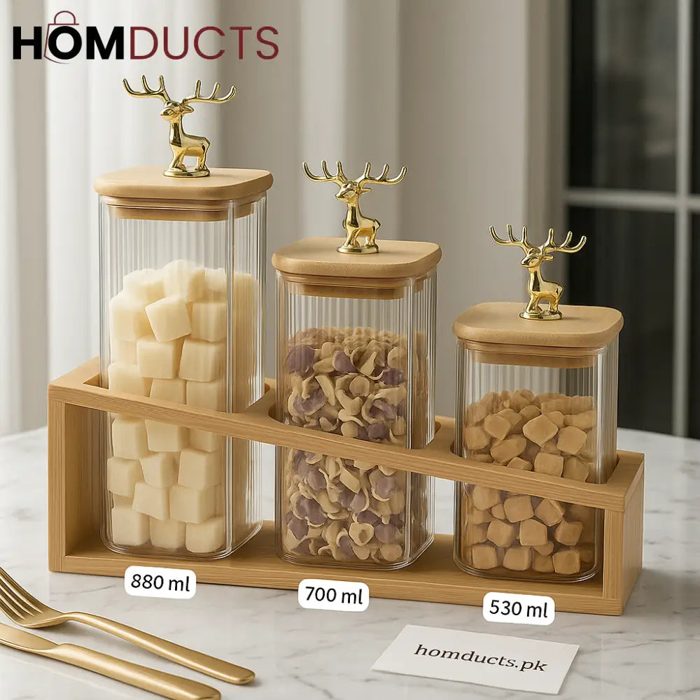 Luxury Glass Storage Jar Set with Golden Deer Lid & Bamboo Stand – 3pcs (880ml, 700ml, 530ml)