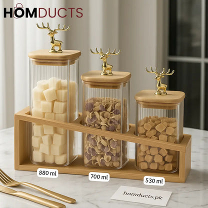 Luxury Glass Storage Jar Set with Golden Deer Lid & Bamboo Stand – 3pcs (880ml, 700ml, 530ml)