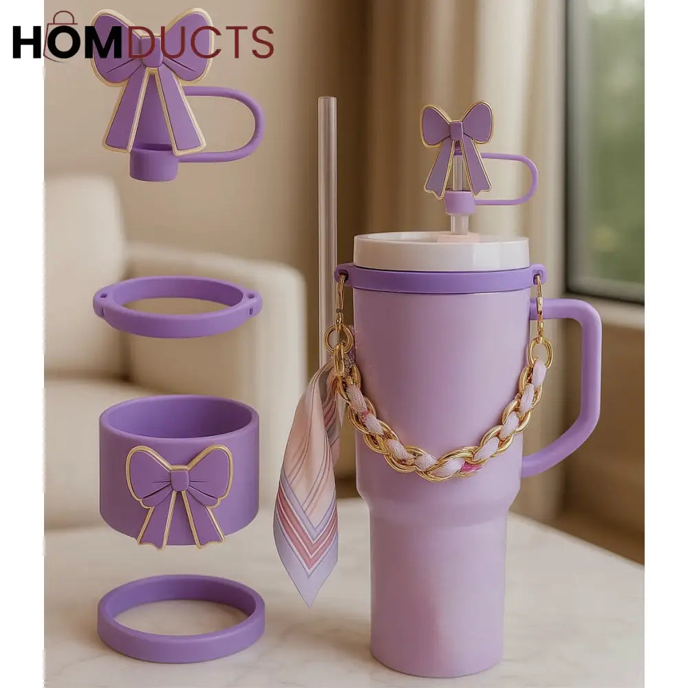 Luxury Lavender Tumbler Accessory Set – Bow Charm, Chain Strap & Scarf Decor