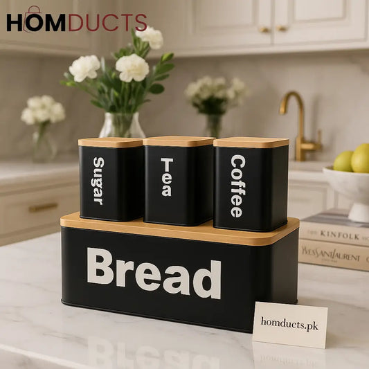 Luxury Matte Black Bread & Canister Set – Tea, Coffee, Sugar Storage with Bamboo Lids