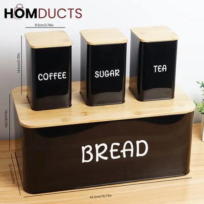 Luxury Matte Black Bread & Canister Set – Tea, Coffee, Sugar Storage with Bamboo Lids