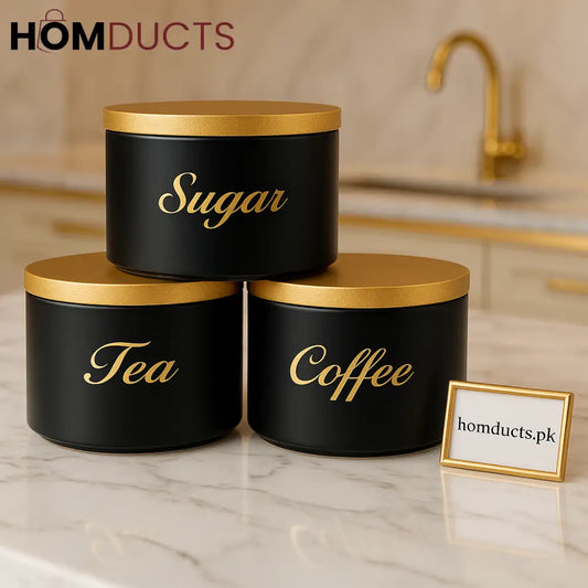 Luxury Matte Black Tea, Coffee & Sugar Storage Jar Set – Wooden Lid & Engraved Labels