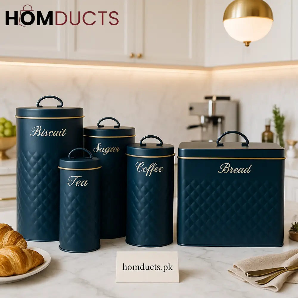 Luxury Navy Blue Kitchen Canister Set – Biscuit, Bread, Sugar, Coffee & Tea Storage Jar
