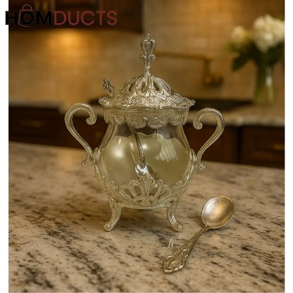 Luxury Silver Glass Dessert & Sugar Jar with Lid – Ornate Serving Bowl