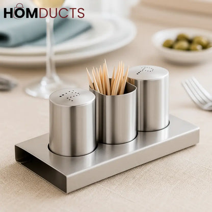 Luxury Stainless Steel Salt & Pepper Shaker Set with Toothpick Holder