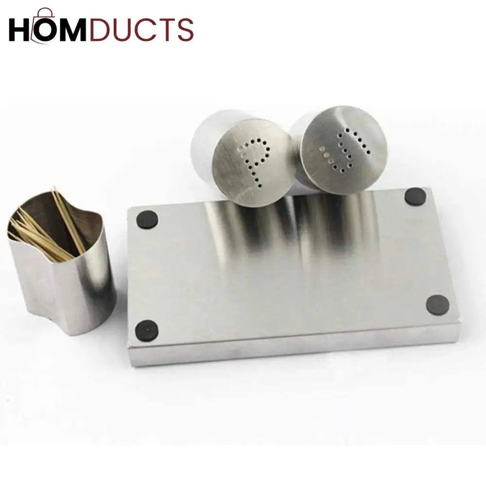 Luxury Stainless Steel Salt & Pepper Shaker Set with Toothpick Holder