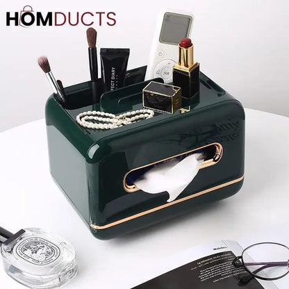 Luxury Tissue Box Organizer with Makeup & Accessory Storage – Multi-Functional Vanity Caddy with Gold Trim for Bathroom, Bedroom & Dressing Table