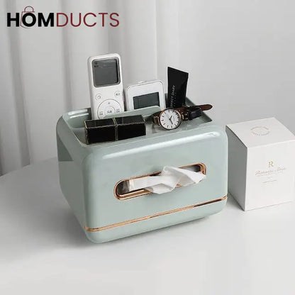 Luxury Tissue Box Organizer with Makeup & Accessory Storage – Multi-Functional Vanity Caddy with Gold Trim for Bathroom, Bedroom & Dressing Table