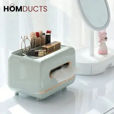 Luxury Tissue Box Organizer with Makeup & Accessory Storage – Multi-Functional Vanity Caddy with Gold Trim for Bathroom, Bedroom & Dressing Table