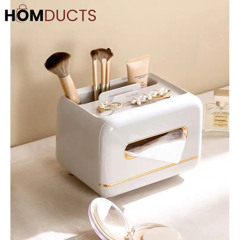 Luxury Tissue Box Organizer with Makeup & Accessory Storage – Multi-Functional Vanity Caddy with Gold Trim for Bathroom, Bedroom & Dressing Table