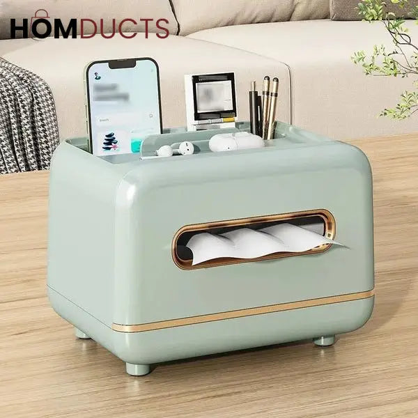 Luxury Tissue Box Organizer with Makeup & Accessory Storage – Multi-Functional Vanity Caddy with Gold Trim for Bathroom, Bedroom & Dressing Table