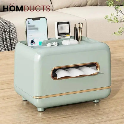 Luxury Tissue Box Organizer with Makeup & Accessory Storage – Multi-Functional Vanity Caddy with Gold Trim for Bathroom, Bedroom & Dressing Table