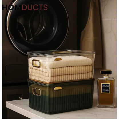 Luxury Transparent Storage Organizer Box with Lid – Multipurpose Plastic Basket for Laundry, Closet & Home Use