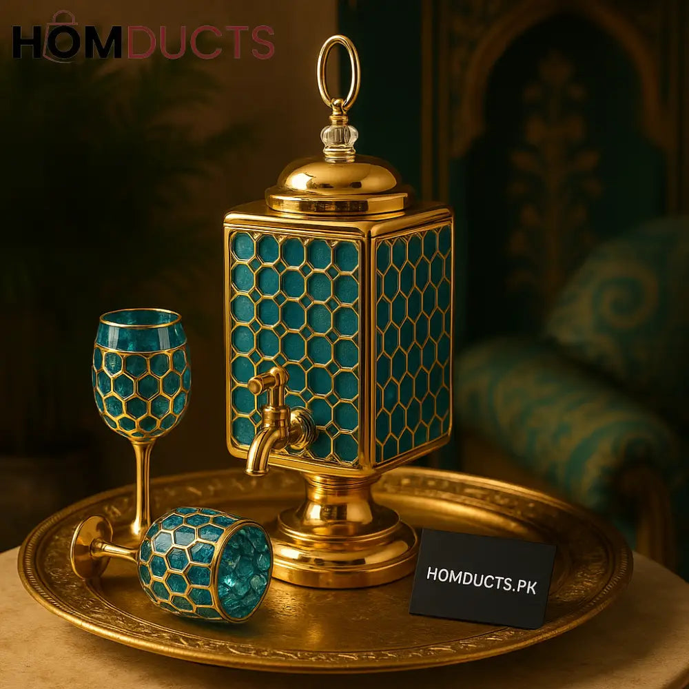 Luxury Turquoise & Gold Beverage Dispenser Set – 7-Piece Premium Drinkware