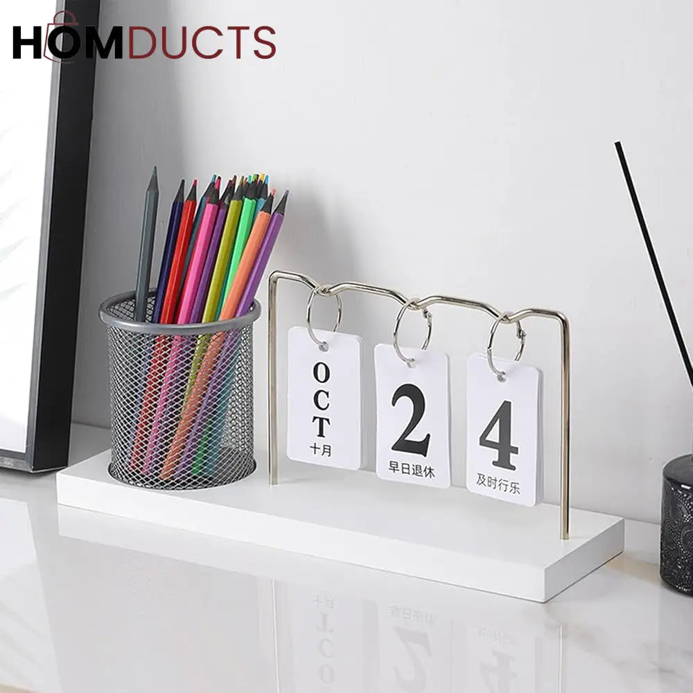Minimalist Desk Calendar with Pencil Holder – Modern Office Organizer with Date Flip Cards