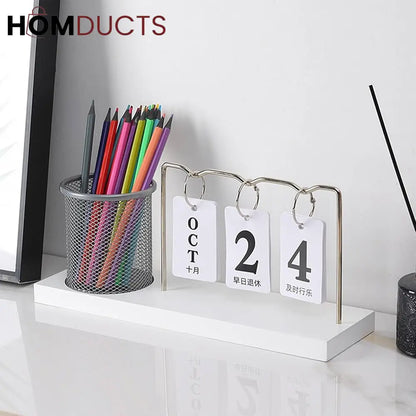 Minimalist Desk Calendar with Pencil Holder – Modern Office Organizer with Date Flip Cards