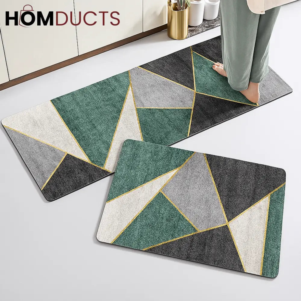 Modern Geometric Kitchen Mat Set – Anti-Fatigue, Non-Slip Design (2pcs, Green & Gold)